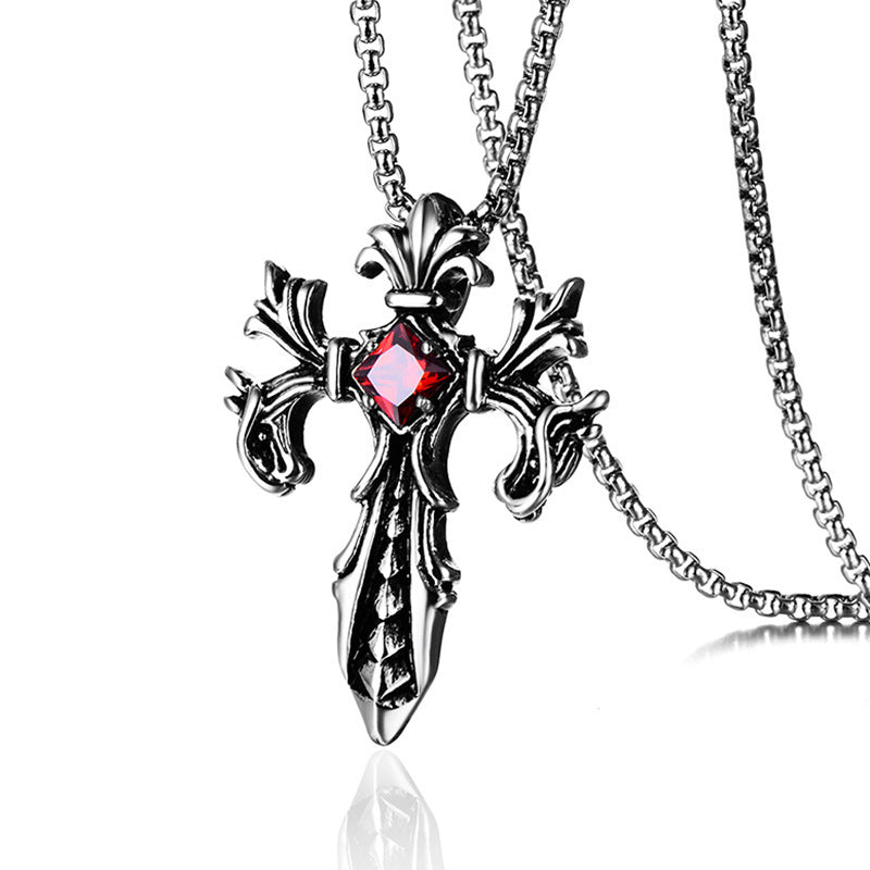 Wholesale Retro personality titanium steel inlaid ruby cross necklace